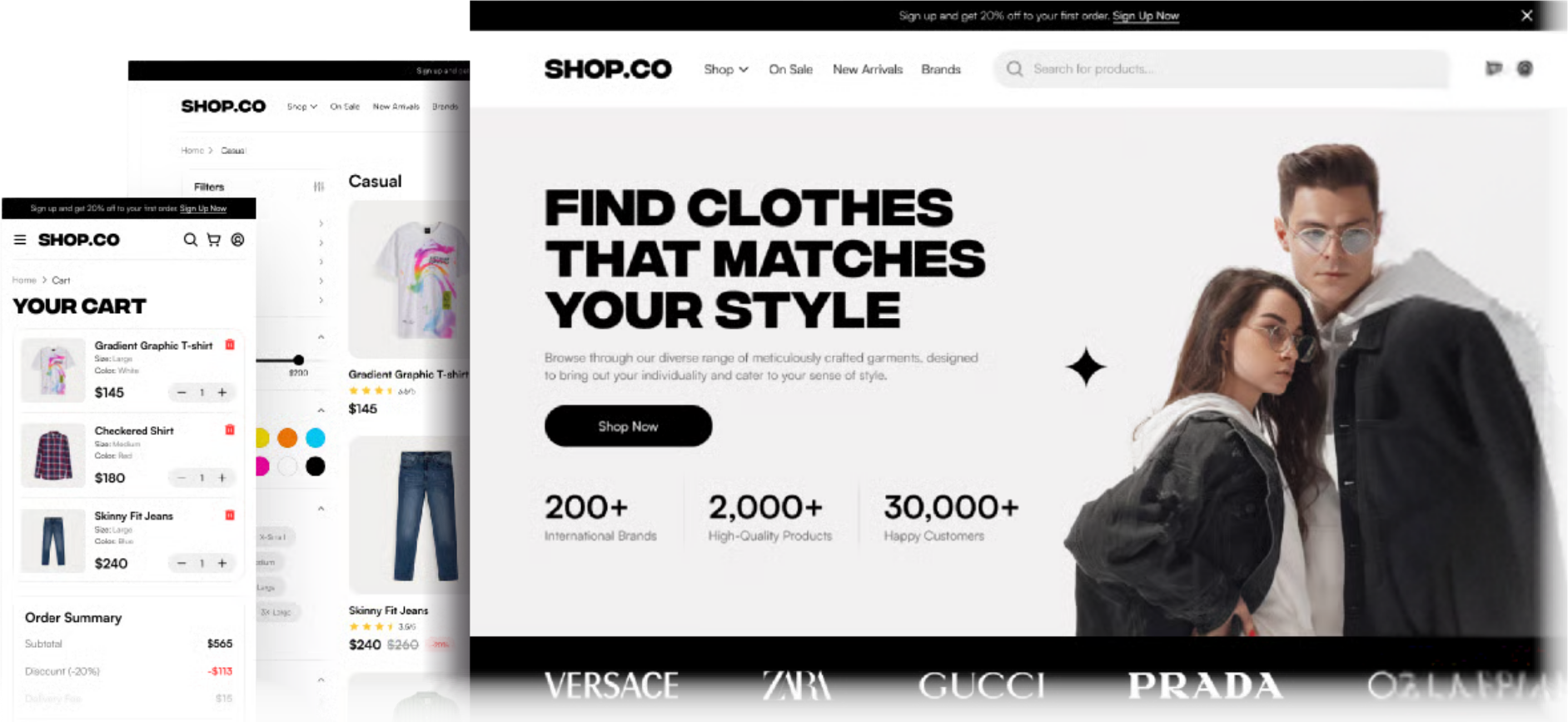 Flowrix ecommerce store shown on desktop and mobile with product listing, cart and checkout